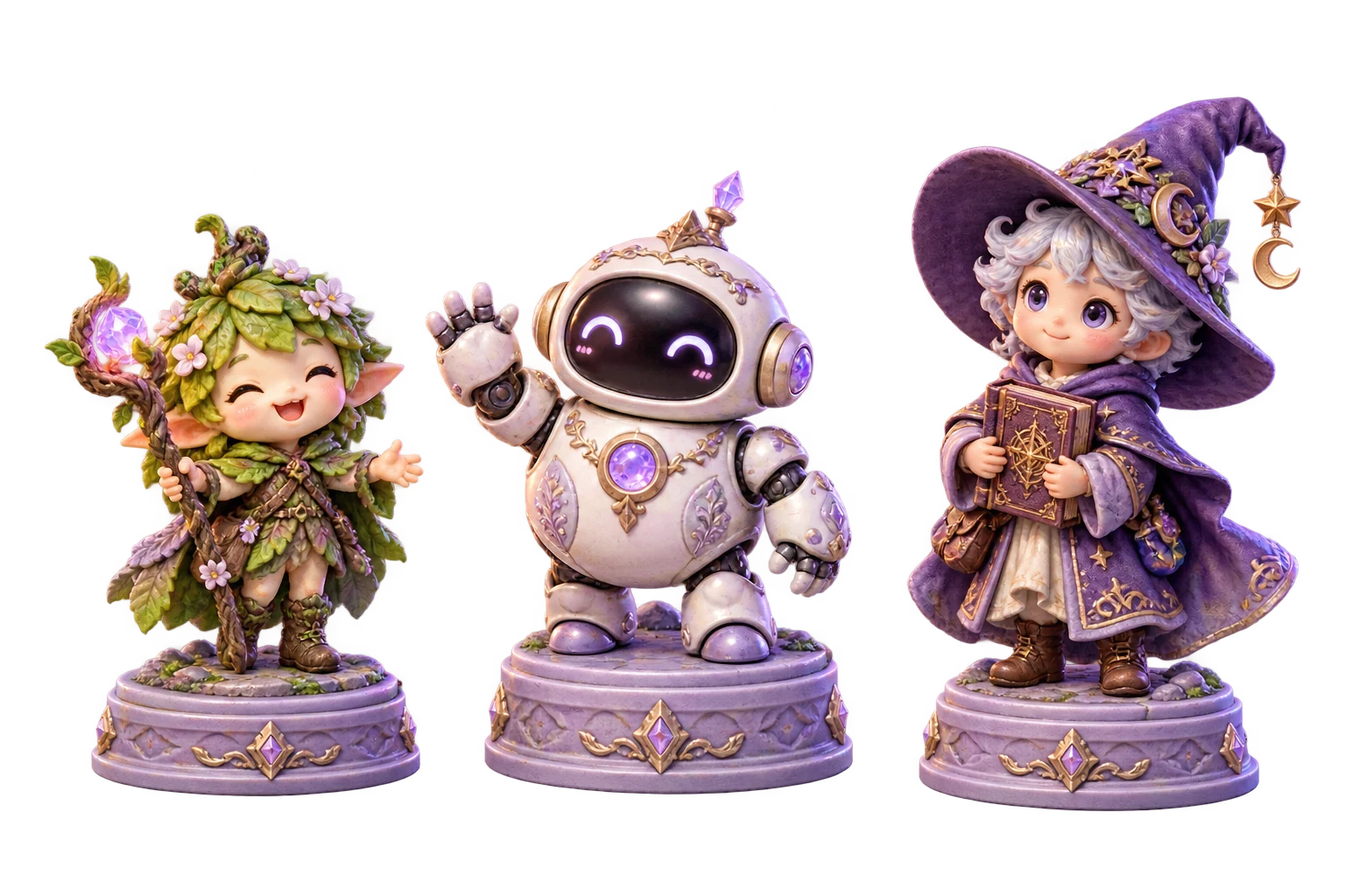 A forest spirit, friendly robot and little wizard collectible arranged together