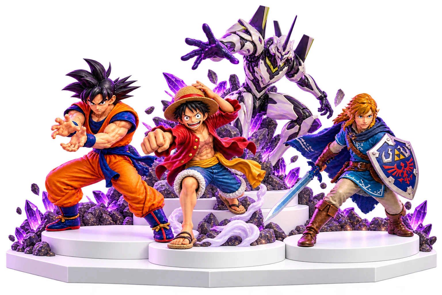 Anime and gaming collectible figures arranged together on a large white collector shelf with layered display risers