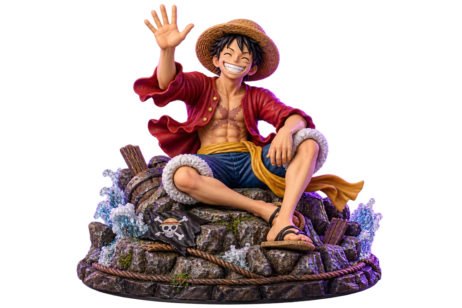 Smiling straw-hat pirate collectible waving from a sculpted display base