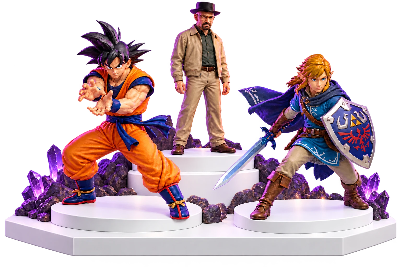 Goku, Walter White and Link collectible figures arranged on a shared white collector shelf with layered display risers